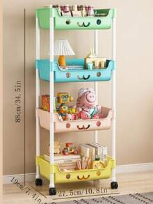 1pc Macaroon Color Storage Cart, Durable Household Bedroom Floor Standing Multi-Layer Organizer Rack, Living Room Plastic Macaroon Multi-Layer Storage Shelf With Wheels, Cartoon Storage Rack - Multicolor - View 14