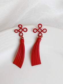 1 Đôi bông tai thắt nút kiểu Trung Quốc màu đỏ với mặt dây chuyền tua dài, bông tai thời trang kiểu Trung Quốc dành cho nữ - Nút thắt Trung Quốc - Xem 3
