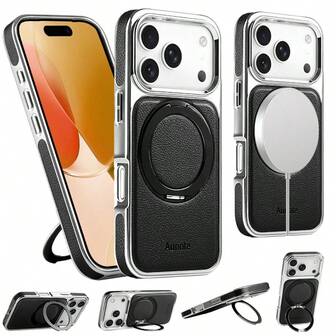  1 st Aunote svart/vitt/grått/brunt moderiktigt lyxigt litchi-kornigt PU-läder, elektropläterat magnetiskt stativ för telefon, med elektropläterat TPU-mjukt kantskydd, halkfri PU-läderdesign på sidan, 360° roterande slät ringhållare, perfekt för streaming, kontor, fotografering, stöder trådlös laddning, bilfäste, kompatibel med iPhone 16/16 Pro/16 Pro Max/17/17 Pro/Air/17 Pro Max, unisex premiumpresent