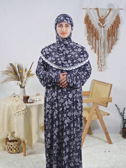 Women's Elegant Floral Print Long Prayer Dress With Hooded Ruffle Neck And Long Regular Sleeves, Slight Stretch Woven Material