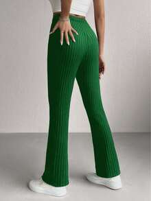 Solid Color Ribbed Ribbed Elastic Waist Straight Leg Green Casual Pants, Versatile Minimalist Daily Commute Style - Green - View 2