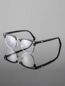 1 Pair Men's Metal Classic Retro Personalized Eyebrow Frame Business Casual Half-Rim Minimalist Glasses, Foldable - Convenient - Easy Storage, Black & Silver Tone - Stylish Eyebrow Frame, High-Quality Fashionable Glasses - Black - View 1