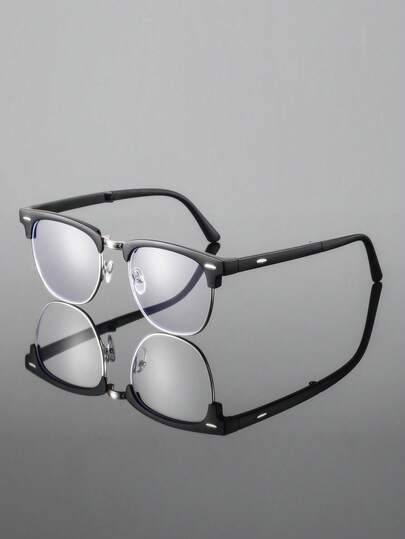 1 Pair Men's Metal Classic Retro Personalized Eyebrow Frame Business Casual Half-Rim Minimalist Glasses, Foldable - Convenient - Easy Storage, Black & Silver Tone - Stylish Eyebrow Frame, High-Quality Fashionable Glasses