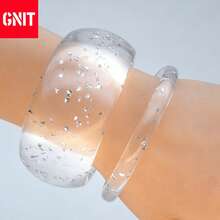 GNIT 3pcs/2pcs/1pc Transparent Resin Bracelet, Shiny Multi-Element Geometric Design, Retro Style, Resort Fashion Statement Bracelet, Transparent Chunky Chain Jewelry - Transparent Silver Dots - View 11