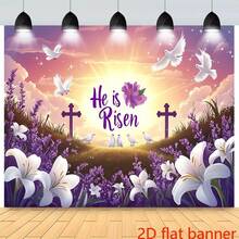 2D Flat Banner One Of His Resurrected Christian Easter Banners Features A Vibrant Sunset And Cross Design With Purple Flowers And Lilies, Made Of Polyester Fiber Material, Suitable For Church Homes - 1 - View 2