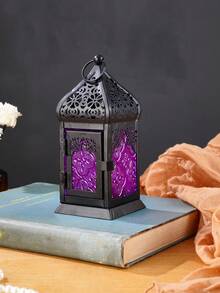 1pc European Style Hollow Window Flower Glass Candle Holder, Iron & Glass Windproof Hanging Candle Holder, Suitable For Ramadan Candle Lantern, Desk Decor, Party Decor, Restaurant Decor - Multicolor - View 6