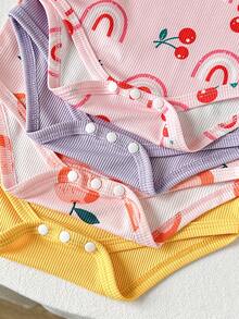 4件套女婴可爱连体衣 - 彩虹、樱桃、橙色和纯色条纹印花，柔软针织面料，适合春夏休闲穿着，女婴 - 彩色 - 查看 5