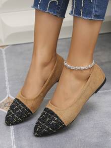 Giày bệt mũi nhọn thời trang cỡ lớn EU35-45, giày lười thoải mái, thích hợp cho nữ, phù hợp cho mùa xuân, hè, thu, màu đen, be, nâu, bạc, phối màu, nhiều màu sắc để lựa chọn. - Da lộn màu nâu với họa tiết kẻ caro đen và vàng - Xem 3