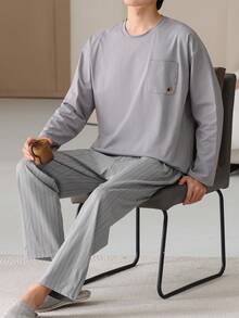 男士休闲宽松睡衣套装（两件套），圆领长袖上衣，侧条纹长裤，针织面料，适合派对、居家、旅行、春秋冬三季穿着。 - 淺灰色 - 查看 5