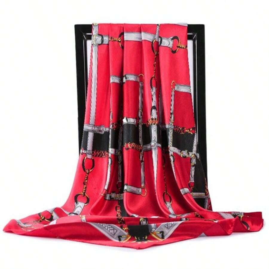 Women's Large Square Satin Scarf 90x90 Chic Polyester Printed - Red / Black - View 1