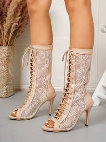 1 Pair Women's Apricot High Heel Peep Toe Hollow Out Mesh Boots, Shiny Cute Elegant High Heel Sandals With Criss-Cross Straps And Back Zipper, Party Highlight High Heel Sandals, Dance Boots