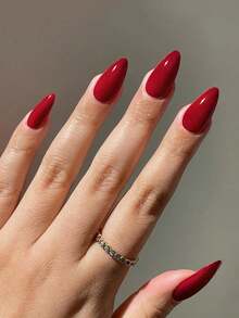 24件長型杏仁形亮紅色假指甲套裝，可立即升級您的外觀，配搭果凍黏貼釘檔，適合女孩日常使用，壓克力貼釘(指甲用品) - 紅色 - 查看 8