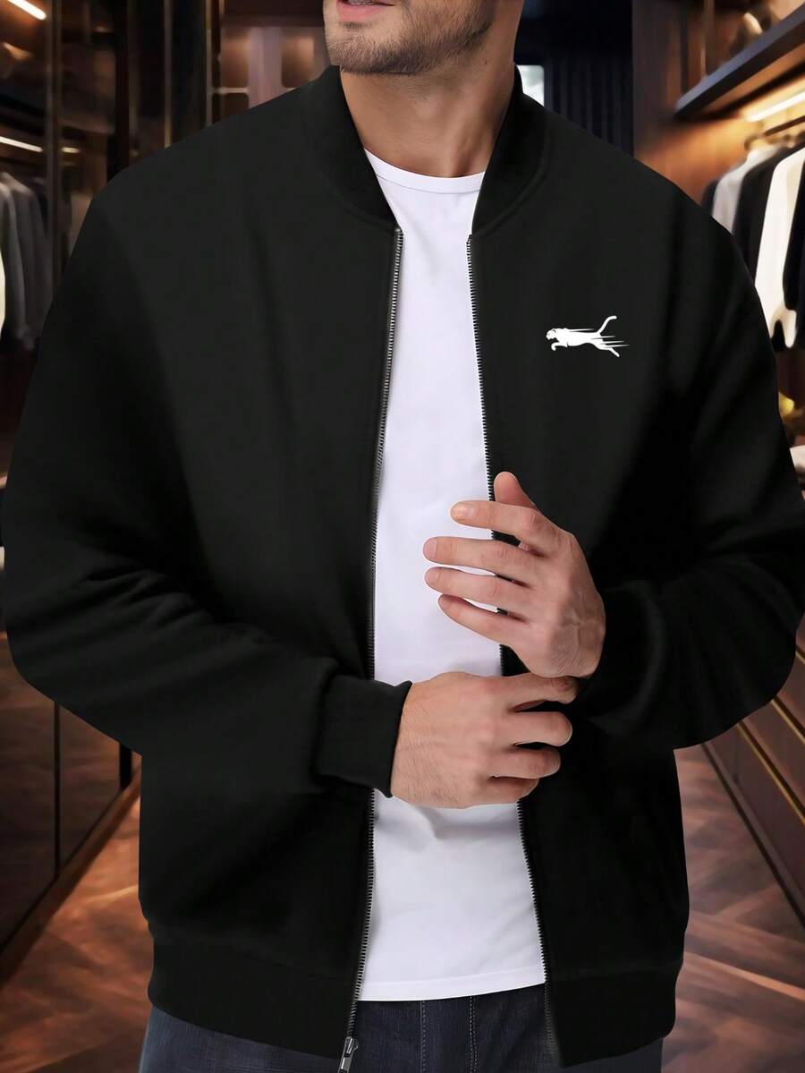 1pc Elegant Printed Pattern Business Casual Plus Size Men's Jacket/Coat, Big & Tall Menswear, Comfortable Fabric, Suitable For Golf, Tennis, Outdoor Travel, Leisure, Great Gift For Men - Black - View 1