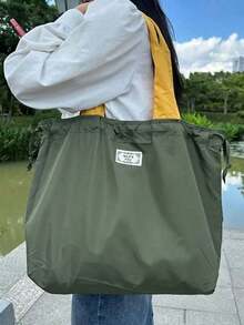 Large Capacity Reusable Drawstring Gym Bag Handbag, Portable Foldable Washable Shopping Bag, Solid Color Lightweight Women's Tote Shoulder Bags Grocery Bag - 墨綠色 - 查看 1
