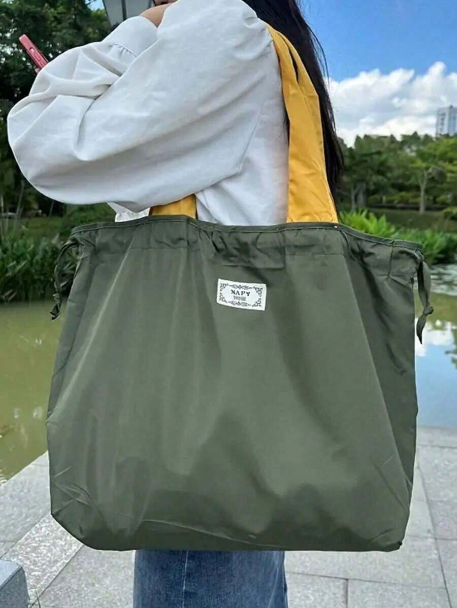 Large Capacity Reusable Drawstring Gym Bag Handbag, Portable Foldable Washable Shopping Bag, Solid Color Lightweight Women's Tote Shoulder Bags Grocery Bag - 墨綠色 - 查看 1