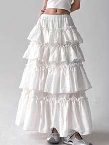 Elegant Women's White Layered Solid Color Skirt, Suitable For Spring And Summer - White - View 10