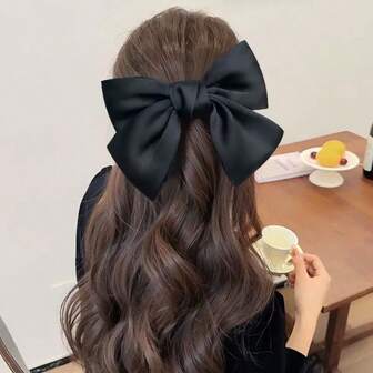 Black Satin Oversized Bow Hair Clip, Elegant Butterfly Hair Accessory, Chic Barrette For Women, Autumn/Winter