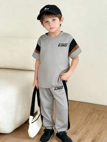 Young Boy Cartoon Print Round Neck Short Sleeve Top And Pants Set - Grey - View 2