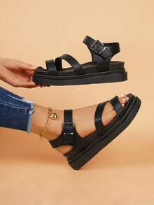 Women's Flat Sandals, New Thick Sole Black Sandals, Roman Style Non-Slip Versatile Fashion Sandals, Casual Beach Sandals For Summer - Black - View 3