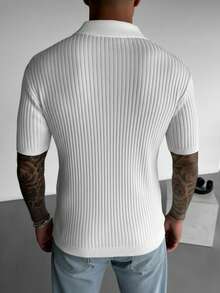 男士纯色纹理罗纹针织短袖 Polo 衫，休闲户外服饰 - 白色 - 查看 3