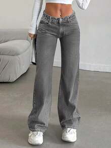 Simple Vintage Straight Leg Jeans - Mid Rise Basic Women's Pants Classic Non-Stretch Denim - 深灰色 - 查看 1