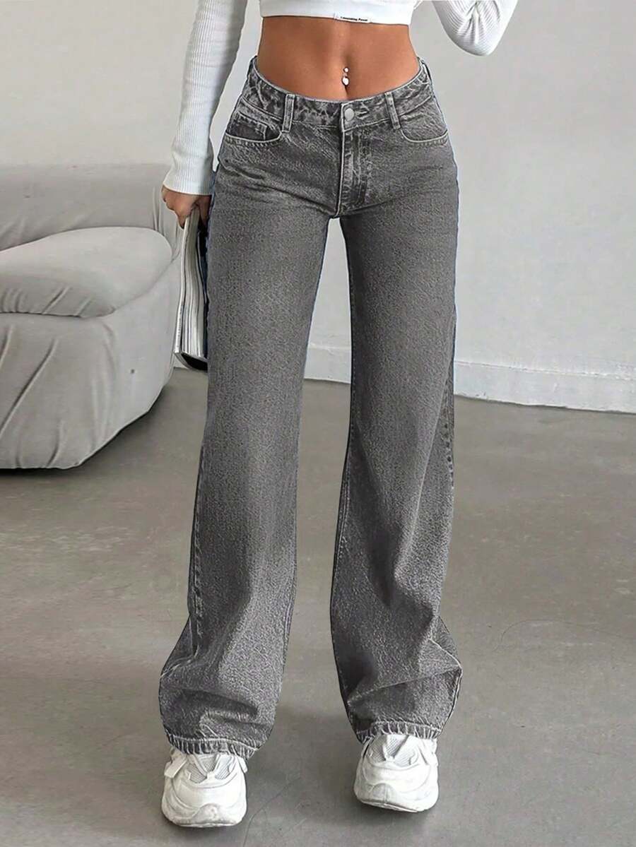 Simple Vintage Straight Leg Jeans - Mid Rise Basic Women's Pants Classic Non-Stretch Denim - 深灰色 - 查看 1
