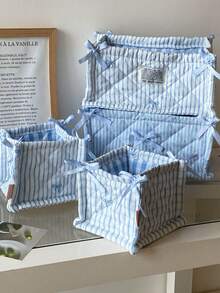Keranjang Penyimpanan Lipat Bergaris Berlapis, Kotak Penyimpanan Meja Lipat, Tas Kosmetik Ember Pita Kapasitas Besar untuk Rumah, Dekorasi Ruangan - Baby Blue - View 4