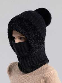 1pc Black Color Women's Winter Knitted Balaclava, Warm Full Face Coverage Beanie With Ear Flaps And Neck Gaiter, Stylish Ski Mask For Cold Weather Outdoor Activities. A Winter Essential For Women, This 2-In-1 Knit Hat With Fleece Lining Can Be Worn In Two Ways. It Keeps You Warm And Blocks The Wind With A Hood, Neck, And Leg Coverage, Making It Perfect For Outdoor Cycling. The Best Gift Choice To Keep Your Girlfriend Warm All Winter. - 黑色 - 查看 3