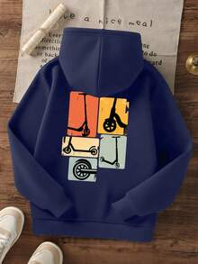 1pc Tween Boy Casual Printed Pullover Sweatshirt, Thermal Lined, Long Sleeve, Autumn/Winter - Navy Blue - View 3