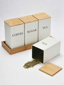 1件/3件套储物盒，茶叶、咖啡、糖三合一组合储物盒，厨房储物套装，带竹盖方形金属罐，金属储物盒，密封储物盒，适合存放茶叶、咖啡、花草茶、糖果等，厨房储物盒，返校必备 - 彩色 - 查看 9