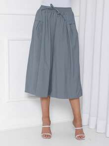 Plain Culottes With Two Elasticated Waist Pockets, Women's Linen, Knot Detail, Wedding Dress. - Xám - Xem 3