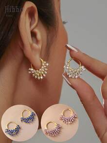 Hihho 2 件装华丽风格闪亮锆石镶嵌环状耳环女式镀金耳环生日派对新娘婚礼珠宝礼物送给女友友谊妻子情侣 - 金黃色 - 查看 1