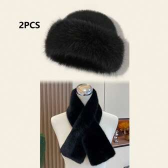 一套帽子+围巾组合，冬季蒙古毛帽围巾套装，保暖时尚，适合女性寒冷天气穿着