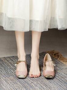 Square Toe Embroidered High Heel Pumps For Women, Chunky Heel, Versatile - Barely Pink - View 4