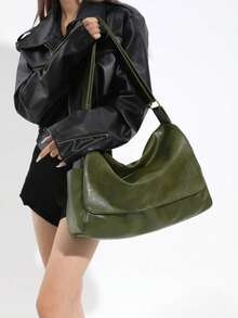 1个复古皮革斜挎包，大容量单肩包，纯色手提包（请放置于通风处1-3天以散去材质气味） - 綠色 - 查看 4