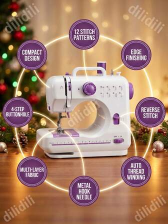 多功能家用缝纫机，便携式电动缝纫机专业版，旅行或临时使用友好的迷你锁边电动家用缝纫机，U型开槽灵活操作的显示板缝纫机，多种针迹可供选择，具有12种针迹图案，