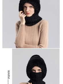 1pc Black Color Women's Winter Knitted Balaclava, Warm Full Face Coverage Beanie With Ear Flaps And Neck Gaiter, Stylish Ski Mask For Cold Weather Outdoor Activities. A Winter Essential For Women, This 2-In-1 Knit Hat With Fleece Lining Can Be Worn In Two Ways. It Keeps You Warm And Blocks The Wind With A Hood, Neck, And Leg Coverage, Making It Perfect For Outdoor Cycling. The Best Gift Choice To Keep Your Girlfriend Warm All Winter. - 黑色 - 查看 5