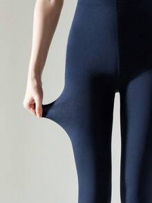 1 Pair Of Women's Navy Blue Brushed Tights Spring/Autumn Season Stretch-Fit Brushed Thin Thermal Lined Full-Length Leggings - Navy Blue - View 5
