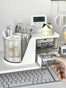 1pc Rotating Desktop Drawer Style Dust-Proof Stationery Storage Box, Detachable Multi-Scene Makeup Brush Organizer - Multicolor - View 3