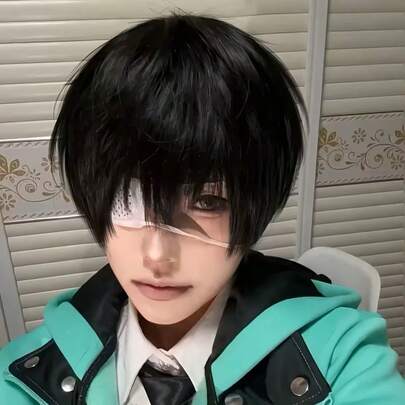 Anime Cosplay Wig For Men, Black Straight Fiber Material, Adhesive-Free, Fashion Accessory, Suitable For Daily Wear, Conventions, Music Festivals