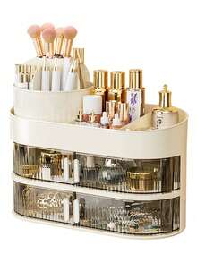 Rotating Makeup Organizer: Spacious Multi-Layer Desktop Case For Cosmetics, Lipstick & Eyeshadow – Premium Dust-Proof Design - 三層收納盒+筆筒[奶白] - 查看 1