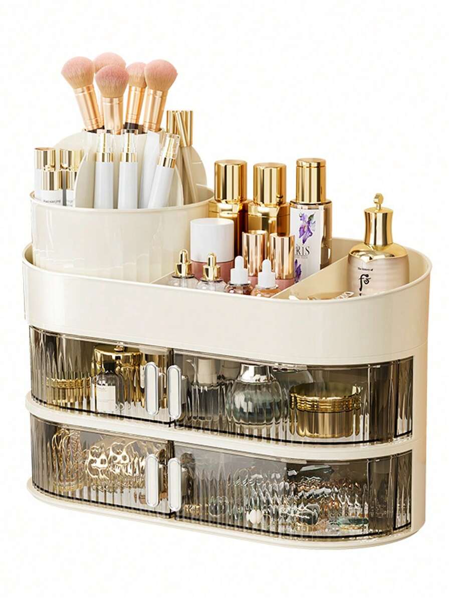 Rotating Makeup Organizer: Spacious Multi-Layer Desktop Case For Cosmetics, Lipstick & Eyeshadow – Premium Dust-Proof Design - 三層收納盒+筆筒[奶白] - 查看 1