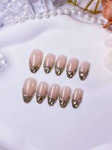 10pcs Handmade Almond-Shaped Nail Stickers: Nude French Base Color Decorated With Gold Champagne Rhinestones. These Nail Stickers Are Fully Handmade, Featuring A Chic Nude French Base Color And Hand-Embedded Gold Champagne Rhinestones. Nails Nail Supplies Handmade Press On Nails - Multicolor - View 3