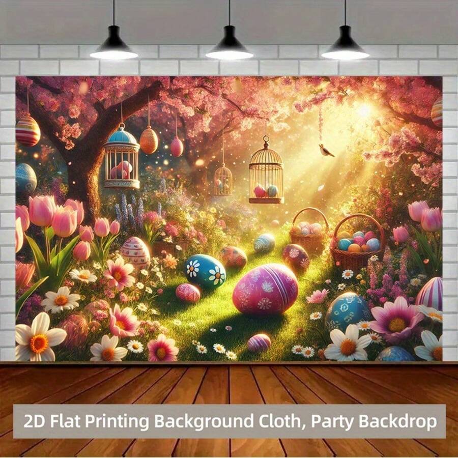 2D Flat Background Cloth, 1 Pc, Spring Blooming Flowers And Colorful Egg Scene Polyester Background Cloth - Durable And Washable Wall Banner, Room Photography Background, Photo Backdrop, Celebration Decoration, No Power Required