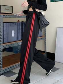 1 Peça Calça Casual de Perna Reta para Meninas e Adolescentes, Estilo de Rua Esportivo Casual, Primavera e Outono - Preto - Visão 7