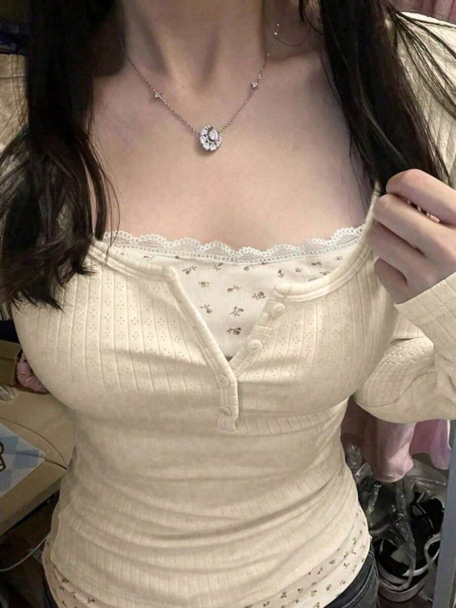 Early Autumn Women Lace Patchwork 2 In 1 Design Long Sleeve T-Shirt - Apricot - View 1