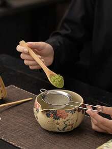 2/4/5件套复古蓝白瓷抹茶茶具，猫咪香氛图案，包含带嘴抹茶碗、竹制抹茶筅、抹茶勺、筅架、不锈钢筛网（用于抹茶茶道），礼品 - 彩色 - 查看 7