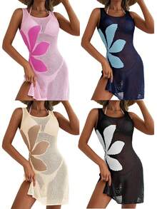 2026 Women's Summer Vacation Swimsuit Cover Up Crochet Beach Floral Hollow Out Slit Bathing Suit Sleeveless Cover Up Dresses - 粉色 - 查看 7