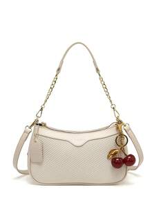 (With Cherry Pendant) Elegant Versatile Crescent Moon Bag With Chain, Adorned With Cherry Pendant, Chic Shoulder Bag, Fashionable Ladies' New Crossbody Bag. Y2K Underarm Bag, Minimalist Handbag - Beige - View 8