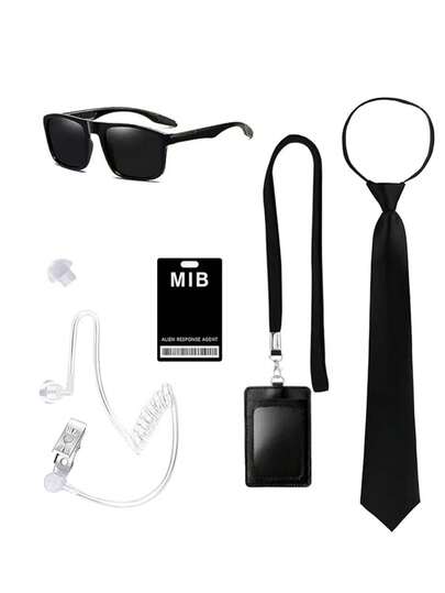 4 pièces Ensemble de costume d'agent des Hommes en noir de la MLB ; lunettes de soleil, badge, cravate réglable, oreillette - essentiel pour le costume d'espion d'Halloween, convient pour les accessoires d'espion d'Halloween, les fêtes à thème, le cosplay, les conventions de bandes dessinées, les accessoires photo, etc.